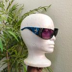 Y2K Gothic Whimsygoth Baddie Cyber Vixen Trendy Streetwear Black Blue cross sunglasses rhinestone silver bedazzled studs Grunge Gorpcore Zebra Striped Oversize Round Photo 3