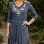 Johnny Was Tess Embroidered Assymetrical Hem Dress Heathered Blue Size Large Photo 0