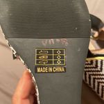 JustFab Kingston Black and White Chevron Raffia Ankle Strap Wedges Photo 5