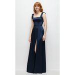 After Six  Square neck Fluid Satin Maxi Dress With Bow Straps In Midnight Navy Photo 2