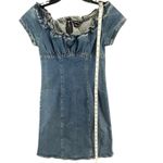 Moda International Y2K Denim Dress 6 Blue Ruffle Neck Milkmaid Stretch Retro Photo 8