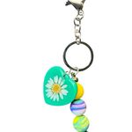 Handmade Daisy Heart Green Yellow Beaded Keychain Silver Tone Purse Backpack Charm Photo 0