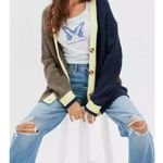 American Eagle Colorblock Cardigan Sweater Oversize Olive Navy Yellow Size Small Photo 1