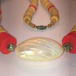 Vintage Retro Wooden Flat Beads Shell Beaded Huge Pendant Boho Necklace Red Photo 3