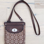 Fossil  Brown Canvas Signature Pattern Leather Trim Crossbody Bag Phone Pouch Photo 0