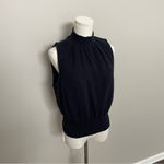 Sundays  Top Gauze Cropped Mock Neckline Smocked Waist Quiet Luxury Navy Blue Photo 1
