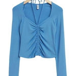 & Other Stories & Other Stories ruched fitted drawstring neck gatherd long sleeve blue top Large Photo 0