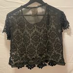 Derek Heart Sheer Black Woven Patterned Crop Tee; Lace Floral, Mesh Back; Medium Photo 1