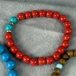 Set Of 3 Beaded Stretch Bracelets Red Blue & Natural Wood Beads Peace Sign Charm Photo 3