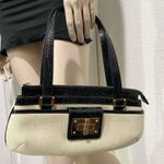 Ralph Lauren Lauren Black Croc Leather Beige Canvas Gold Turnlock Shoulder Bag Photo 2