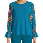 The Pioneer Woman Blouse Floral Sleeves Pullover Teal Blue Cottage Chiffon 3X Green Photo 0