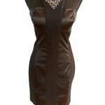 Bebe  Black Satin Panel Bodycon Mini Dress with Embellished Halter Neck – Size M Photo 0
