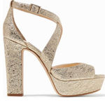 Jimmy Choo April 120 Metallic Foil Leather Platform Sandal Block Heels Gold 39 Photo 0