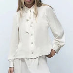 ZARA NWT | Pearl Button Ivory Tie Blouse  Photo 0