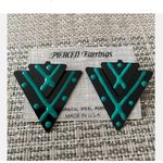 Adorable Retro Funky Chunky Vintage Pierced Earrings Black & Green Enamel Photo 1