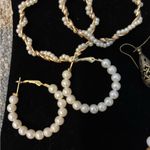 Five Pair Vintage to Modern Preloved Brass Gold tone earring Set White Photo 1