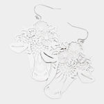 NWT Womens Boutique Silver Highland Cow Cut Out Metal Flower Dangle Earrings Photo 0
