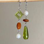 Handmade boho vintage aesthetic fairy chic style Czech glass beads mix pearl asymmetric dangle earrings🍃🌙🌳🫒🌀 Photo 1