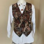 Vintage Teddy Bear Tapestry Teacher Vest & Cottage White Button Down Shirt M Brown Size M Photo 1