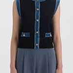 Anthropologie 🏷️NWT  NVLT Denim Trim Button Down Vneck Sweater Vest Flower Button Photo 1
