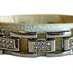 Handmade Fine Designer Runway Style White Leather Bracelet Chain Rhinestone Original Art Unisex Men Women Pebble Grain Snap Clasp Adjustable Photo 11