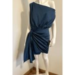 Lulus Elegant Dark Teal Blue Satin Asymmetrical Tie Front Dress Women’s M – NWT Photo 4