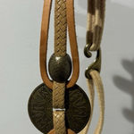 Vtg‎ Leather Shop Belt Brown Tan Gold Brass Medallion Hook Boho Western Hobo 32" Photo 0
