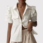 Anthropologie Pilcro Womens Shirt Beige Ruffle Denim Button Down Blouse Medium White Photo 0