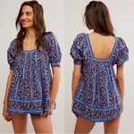 Free People  Retro 70s Bohemian Vintage Lover Blouse Dutch Blue Combo Medium Photo 3