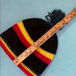 CROCHETED striped pom pom beanie hat red yellow green black unisex size OSFA Photo 4