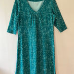 Eddie Bauer Sz L Midi Stretch Green Dress Shift Printed Shirred V Neck Photo 0