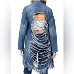 Daisy  Blue Distressed Long Denim Jacket Women's Size Large Frayed Hem Pockets‎ Photo 2