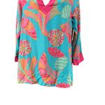Anthropologie Britt Ryan Mini Dress Silk Blend Bright Pink Blue Tropical V-Neck Beach Medium Photo 2