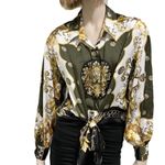 Soho NYC Green/Gold Scarf Print Front Tie Blouse S Photo 3