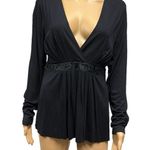 Boston Proper Black Rayon Wrap Peplum Embellished Velvet Waist Long Sleeve M Photo 0