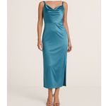 Venus  Teal Satin Slip Dress Size 8 Cowl‎ Neck Adjustable Straps Midi Slit Party Photo 11
