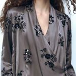 ZARA gray sequin floral embellished surplice wrap flowy long sleeve satin top Photo 0