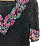 Stenay LARGE VINTAGE 80s 100% SILK Black Multi Beaded Sequin Top Short Sleeve Photo 4