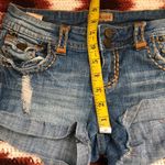 Y2K 2000s Micro Mini Baddie Low Rise Denim Jean Shorts Bedazzled Khaki Brown Stitching Ripped Distressing Cuffed Hem Photo 5