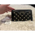 Moschino LOVE Black Vegan Leather Gold Heart Studded Full Zip Wallet Red Inside Photo 2