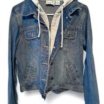 Denim Blue Jean Jacket with Gray Hoodie & Zipper, Button Closure LG. P2P18β L20β Photo 4