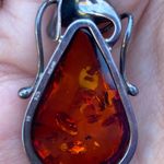 Vintage Baltic Amber Silver Art Deco Tulip Drop Pendant Poland 925 Sterling Orange Photo 4