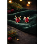 Reindeer Rudolph Stud Earrings Red Green Gold Tone NWT Photo 2