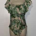 Gianni Bini One Piece Swimsuit Cream & Green Palm Print Off-Shoulder Ruffle XL Photo 2