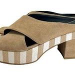 Brenda Zaro Square Toe Tan & White Striped Platform Suede Block Heel Sandals Size 8 Photo 0