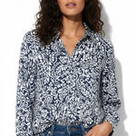 ZARA  Blue White Abstract Floral Button Down Shirt Womens L European Coastal Photo 0