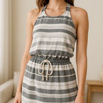 Lou & grey  Gray Striped Blouson Tank Dress XS Drawstring Waist Pockets Coastal Photo 0