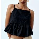 ZARA Black Cropped Cami Women's Medium Embroidered Eyelet Peplum Lettuce Trim Photo 0