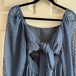 Navy Blue Swiss Dot Midi Dress Tie Back Square Neck Long Sleeve Ruffle Hem 0 Photo 9