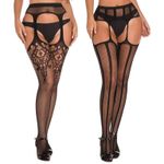 Womens Fishnet Stockings Black 2 Pair‎ New Thigh High With Suspenders Size undefined Photo 4
